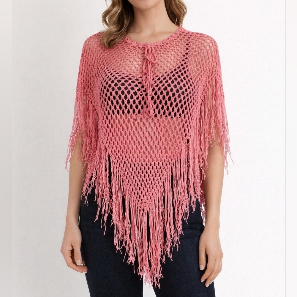 Vtg SAY WHAT 1990S Candy Pink Crochet Fringe Festival Poncho
